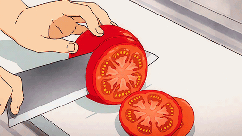 A Cartoon Drawing Of A Person Cutting A Tomato GIF