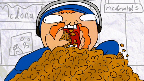 A Cartoon Drawing Of A Person Eating Food With A Sign That Says Mcdonalds In The Background GIF