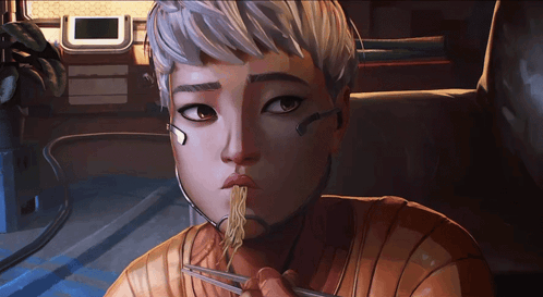 A Cartoon Drawing Of A Person Eating Noodles With Chopsticks GIF