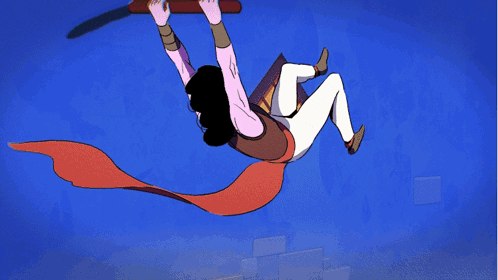 A Cartoon Drawing Of A Person Flying Through The Air With A Blue Background GIF