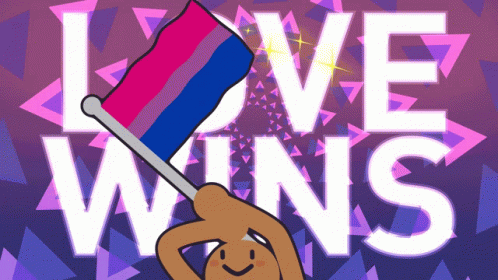 A Cartoon Drawing Of A Person Holding A Bisexual Flag With The Words Love Wins In The Background GIF