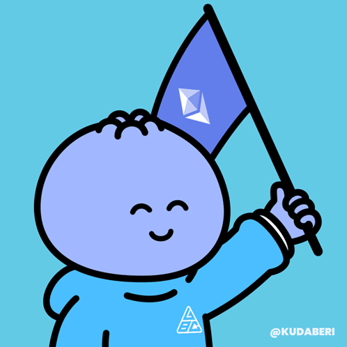 A Cartoon Drawing Of A Person Holding A Blue Flag With A Triangle On It GIF