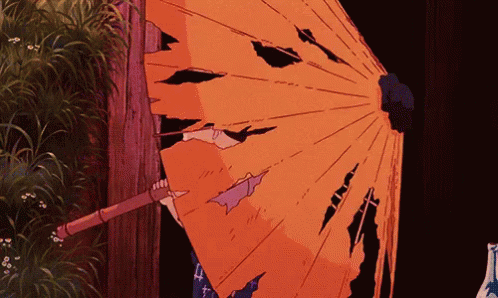 A Cartoon Drawing Of A Person Holding A Torn Orange Umbrella GIF
