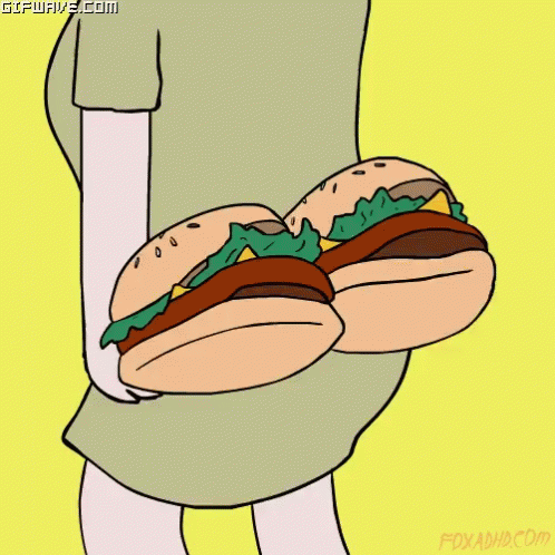 A Cartoon Drawing Of A Person Holding Two Hamburgers In Their Hands GIF