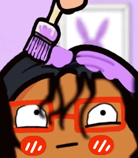 a cartoon drawing of a person painting a bunny on their head