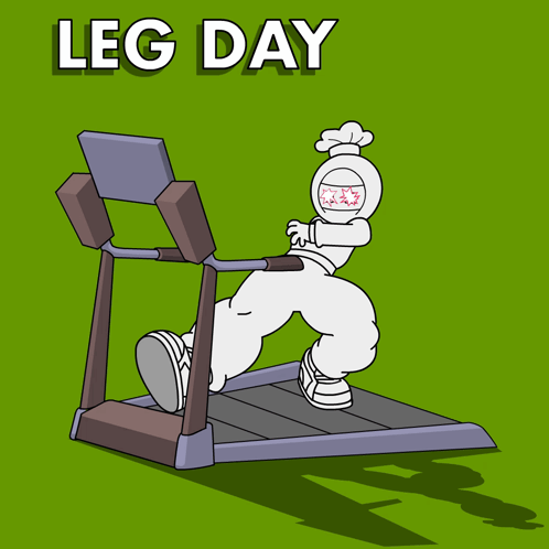A Cartoon Drawing Of A Person Running On A Treadmill With The Words Leg Day Above Them GIF