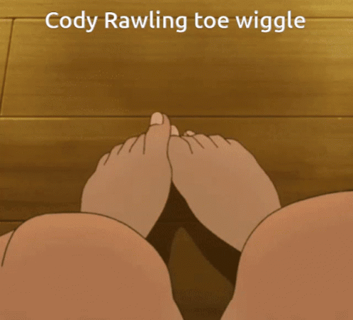 A Cartoon Drawing Of A Person 'S Feet With The Words Cody Rawling Toe Wiggle Below Them GIF