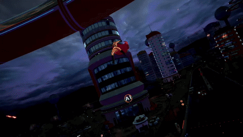 A Cartoon Drawing Of A Person 'S Hands Reaching Out Towards A Building With The Letter A On It GIF