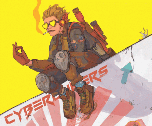A Cartoon Drawing Of A Person Sitting On A Wall With The Word Cyber On It GIF