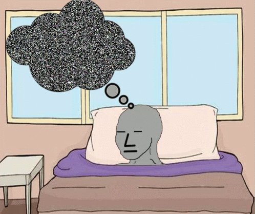 A Cartoon Drawing Of A Person Sleeping With A Thought Bubble Above Their Head GIF