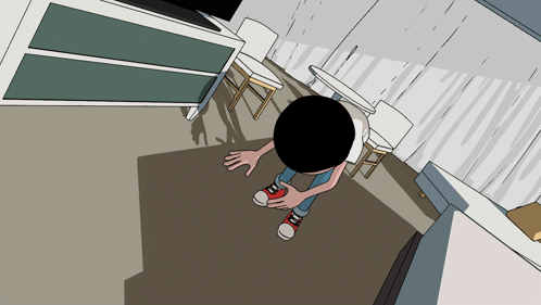 A Cartoon Drawing Of A Person With A Black Head And Red Sneakers GIF