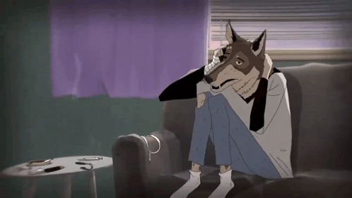A Cartoon Drawing Of A Person With A Dog 'S Head Sitting On A Couch GIF