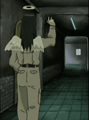 A Cartoon Drawing Of A Person With Angel Wings Standing In A Dark Hallway GIF