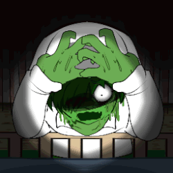 a cartoon drawing of a person with green hands on their face