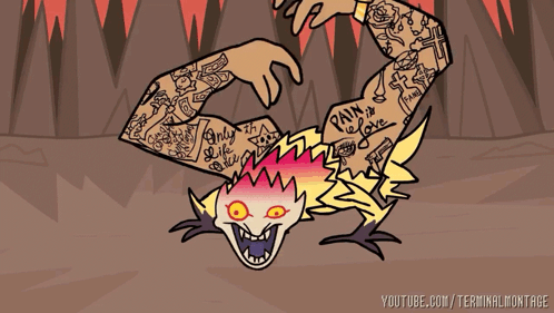 A Cartoon Drawing Of A Person With Tattoos On Their Arms And Chest GIF