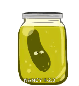 A Cartoon Drawing Of A Pickle In A Jar With Nancy 1-2.0 Written On It GIF