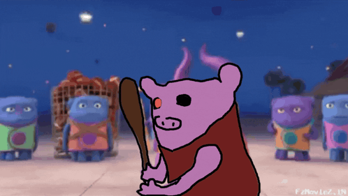 A Cartoon Drawing Of A Pig Holding A Bat With The Year ' F2movie2 ' On The Bottom GIF