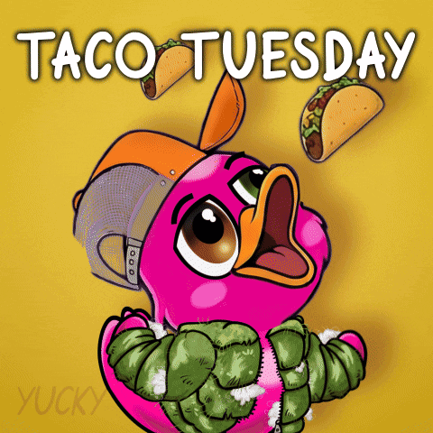 A Cartoon Drawing Of A Pink Bird With Tacos Coming Out Of Its Beak And The Words Taco Tuesday Below It GIF