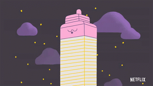 A Cartoon Drawing Of A Pink Building With Netflix Written On The Bottom GIF