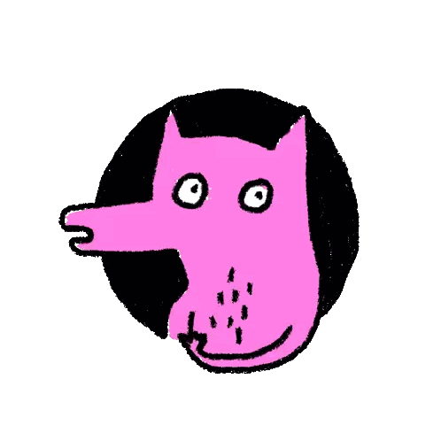a cartoon drawing of a pink cat with a yellow heart in its mouth