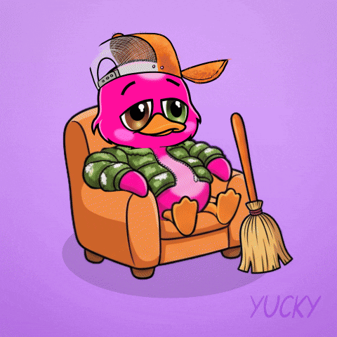 A Cartoon Drawing Of A Pink Duck Holding A Broom With The Word Lo Written On It GIF