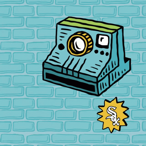A Cartoon Drawing Of A Polaroid Camera On A Brick Wall With A Sticker That Says Jax GIF