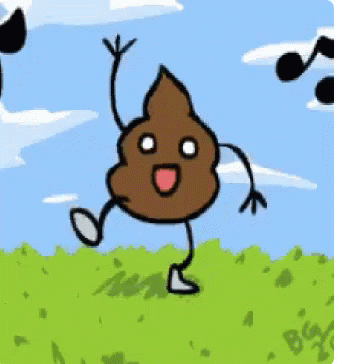 A Cartoon Drawing Of A Poop With Arms And Legs Is Dancing In A Field . GIF