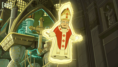 A Cartoon Drawing Of A Pope With A Light Coming Out Of Him GIF