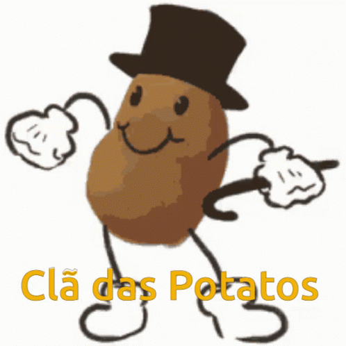 A Cartoon Drawing Of A Potato Wearing A Top Hat And Gloves With The Words Cla Das Potatos Below It GIF