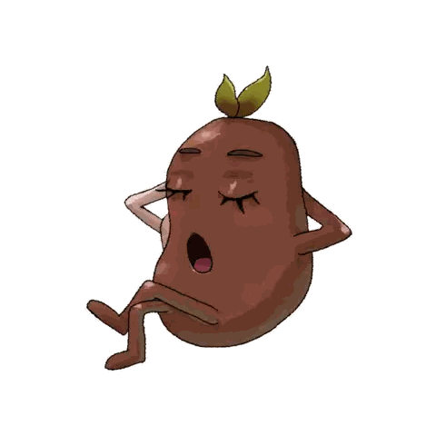 a cartoon drawing of a potato with a green leaf on top of it