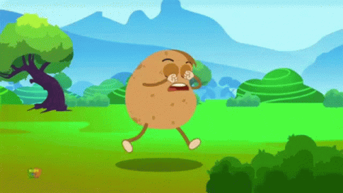 A Cartoon Drawing Of A Potato With Arms And Legs Running In A Field GIF