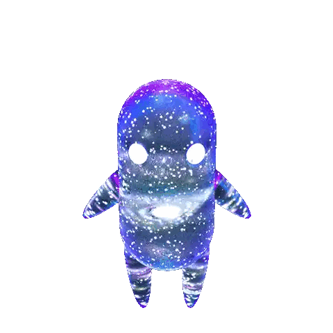 a cartoon drawing of a purple and blue galaxy character