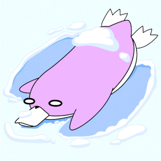 A Cartoon Drawing Of A Purple Dolphin With White Feathers GIF