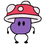 a cartoon drawing of a purple mushroom with arms and legs and a red hat .