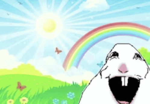 a cartoon drawing of a rabbit with a rainbow behind it