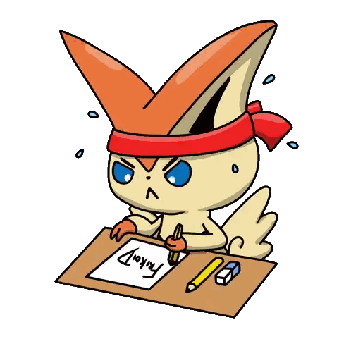 a cartoon drawing of a rabbit with a red headband writing on paper