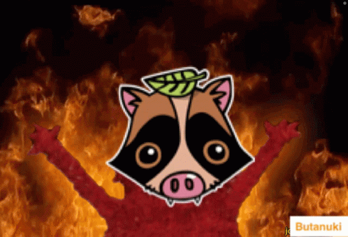 A Cartoon Drawing Of A Raccoon With A Leaf On Its Head And Butanuki In The Corner GIF