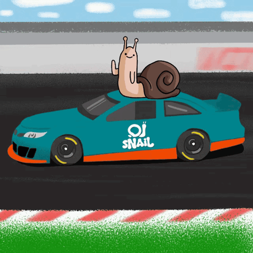 A Cartoon Drawing Of A Race Car With A Snail On Top Of It GIF