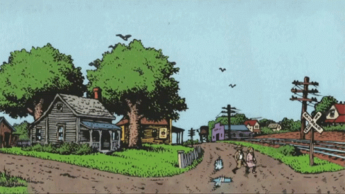 A Cartoon Drawing Of A Railroad Crossing With A House In The Foreground GIF