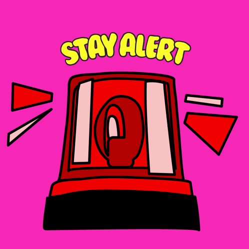 A Cartoon Drawing Of A Red Alarm That Says " Stay Alert " On A Pink Background GIF