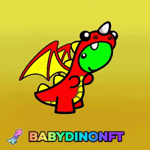 A Cartoon Drawing Of A Red And Green Dragon With The Words Babydinonft Underneath It GIF