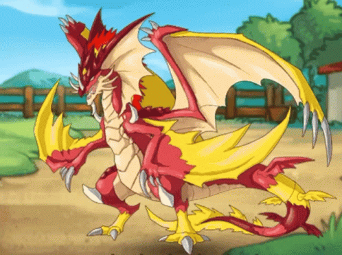 A Cartoon Drawing Of A Red And Yellow Dragon In A Field GIF