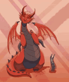 A Cartoon Drawing Of A Red Dragon Standing Next To A Man In A Cape GIF