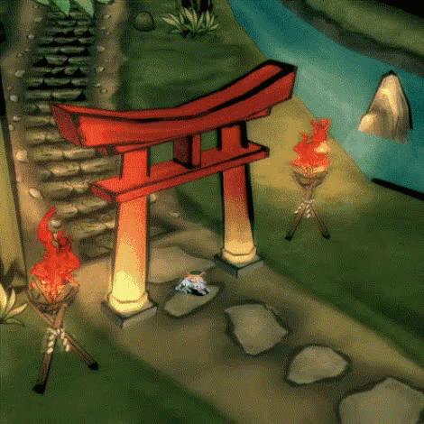 A Cartoon Drawing Of A Red Torii Gate With Flames On The Side GIF