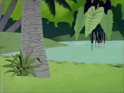 A Cartoon Drawing Of A River With Palm Trees In The Background GIF