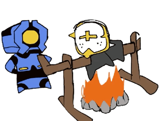 a cartoon drawing of a robot and a bird with a cross on its head