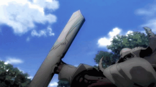A Cartoon Drawing Of A Robot Holding A Sword Against A Blue Sky With Clouds GIF
