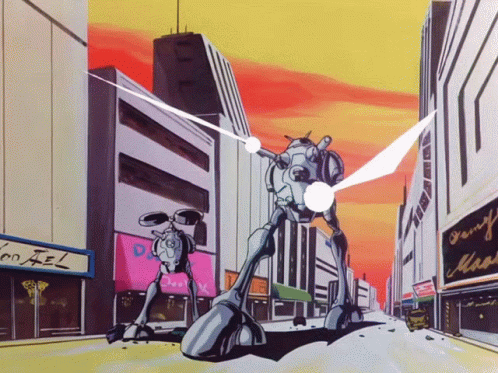 A Cartoon Drawing Of A Robot In Front Of A Building That Says Jenny GIF