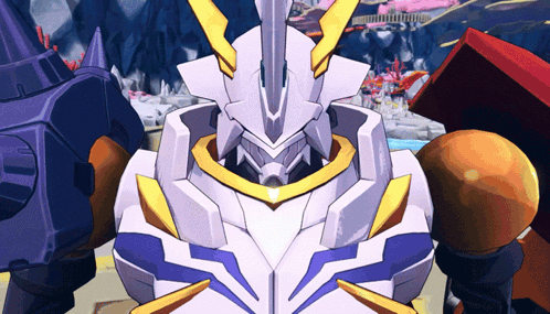 A Cartoon Drawing Of A Robot With A Purple And Gold Helmet GIF