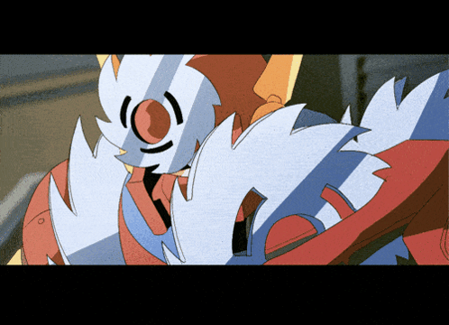 A Cartoon Drawing Of A Robot With A Red And White Feathered Head GIF